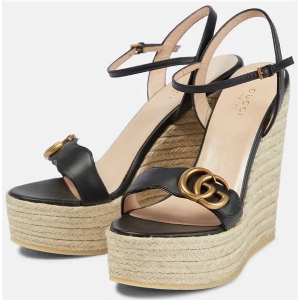 Gucci Aitana Marmont GG Leather Platform Espadrille Wedge Sandals 41
